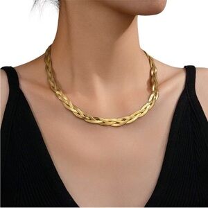 Gold Braided Herringbone Chain Necklace